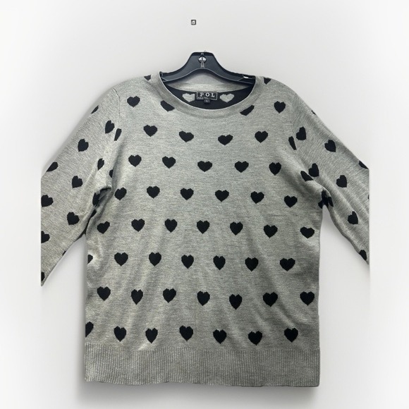 Vtg POL Sweater Womens Large 100 Cotton Gray Black Heart Valentine Love Y2K - Picture 1 of 8